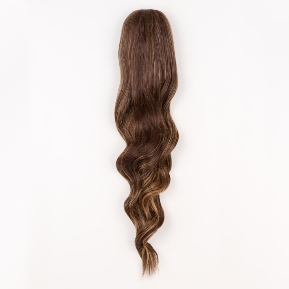 24 Inch Long Clip-in Ponytail Extension on a claw clip attachment in colour Mixed Brown and Blonde