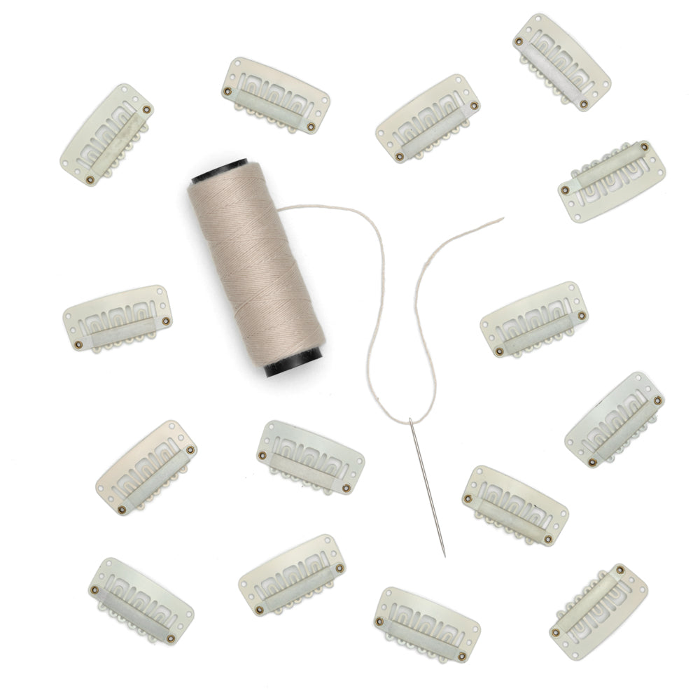 Blonde Hair Extension Clip Kit. Weave Customisation with 15 extension clips, blonde weaving thread and weaving needle