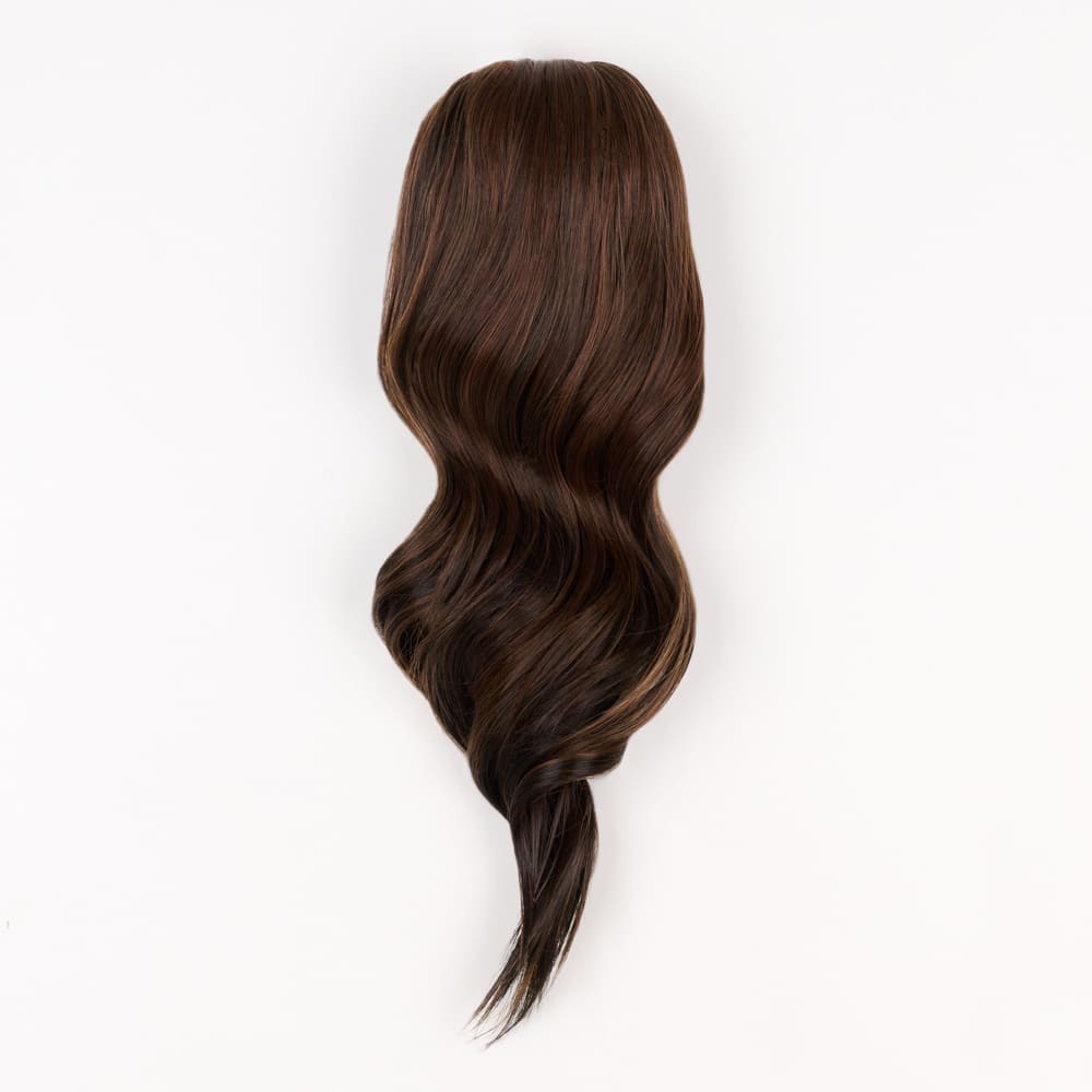 16 Inch Medium Length Clip-in Ponytail Extension on a claw clip attachment in colour Highlighted Brown