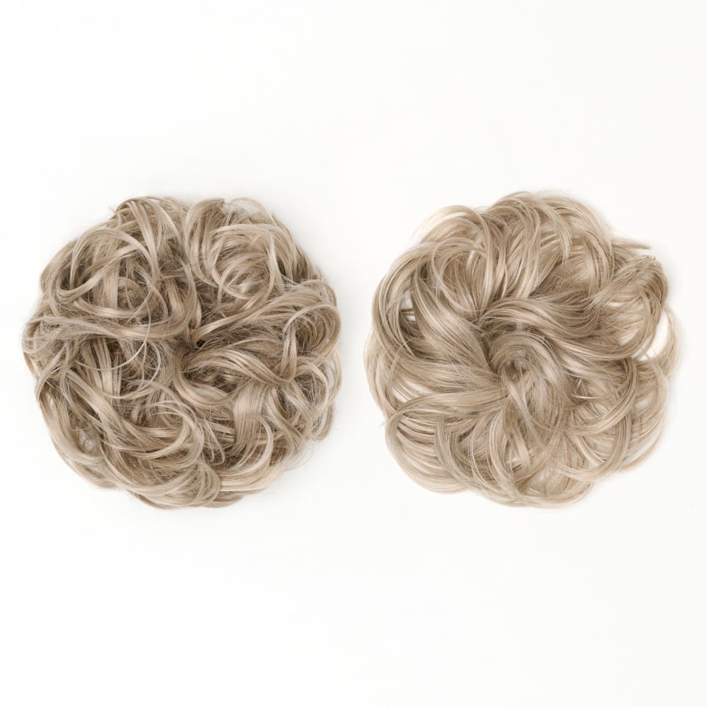 Twin Pack - Curly and Flicky Style Messy Scrunchie Hair Attachment Buns in colour Grey Blonde