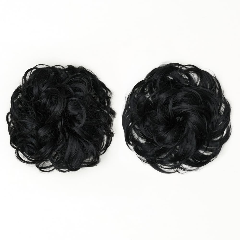 Twin Pack - Curly and Flicky Style Messy Scrunchie Hair Attachment Buns in colour Jet Black
