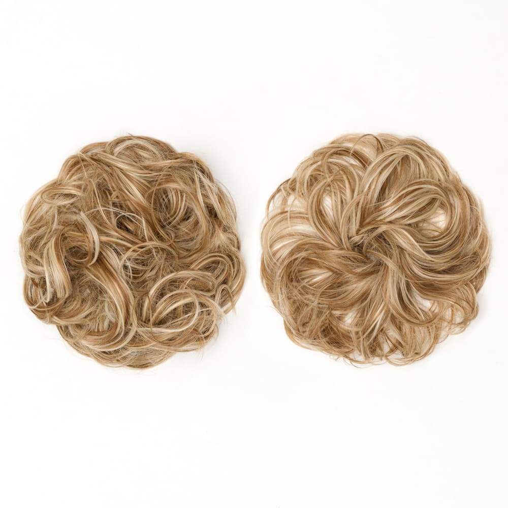 Twin Pack - Curly and Flicky Style Messy Scrunchie Hair Attachment Buns in colour Highlighted Blonde
