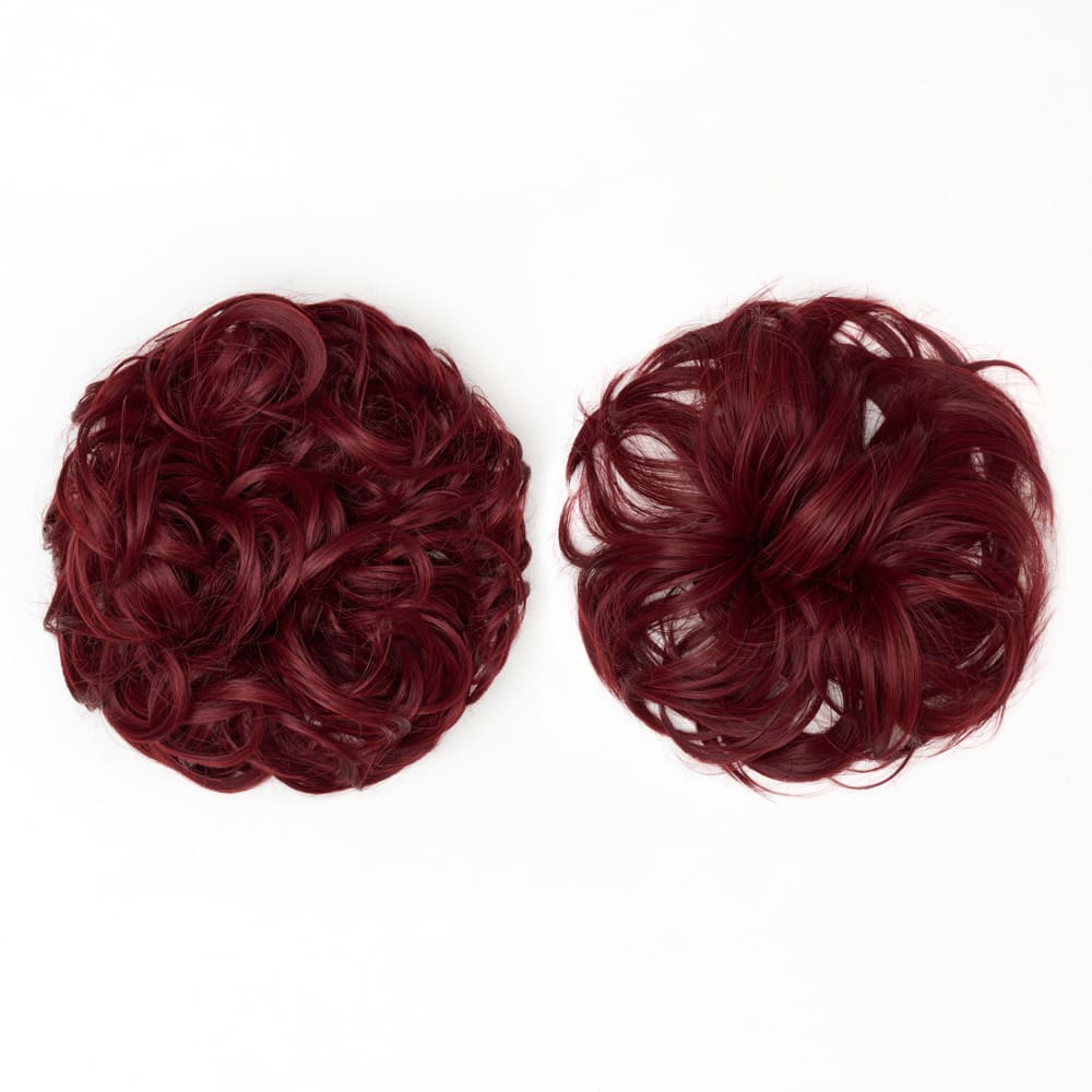Twin Pack - Curly and Flicky Style Messy Scrunchie Hair Attachment Buns in colour Red