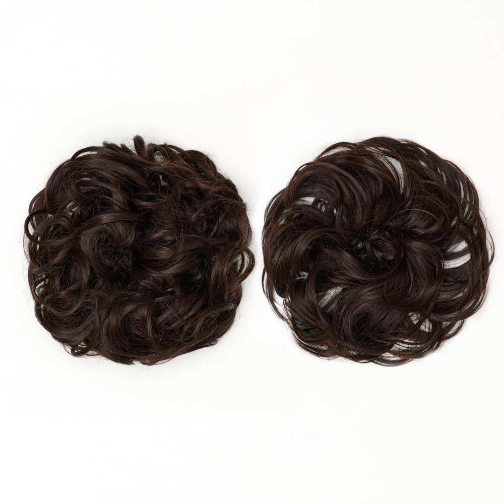 Twin Pack - Curly and Flicky Style Messy Scrunchie Hair Attachment Buns in colour Chocolate Brown