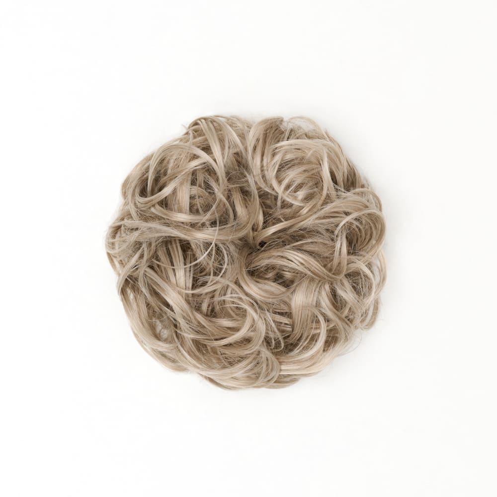 Stranded Curly Messy Bun Extension- Simple hair up scrunchie in colour Grey Blonde
