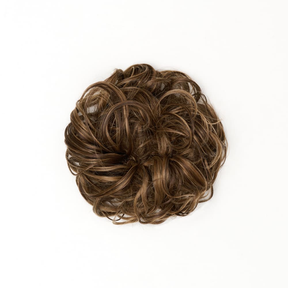 Stranded Curly Messy Bun Extension- Simple hair up scrunchie in colour Mixed Brown