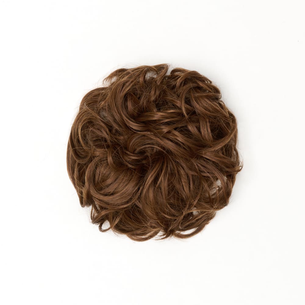 Stranded Curly Messy Bun Extension- Simple hair up scrunchie in colour Caramel Brown