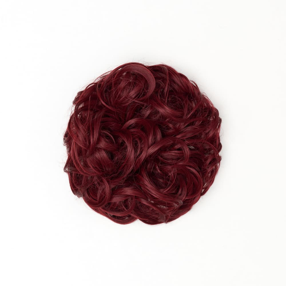 Stranded Curly Messy Bun Extension- Simple hair up scrunchie in colour Red