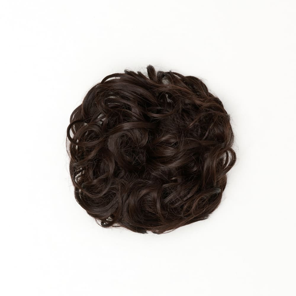Stranded Curly Messy Bun Extension- Simple hair up scrunchie in colour Chocolate Brown