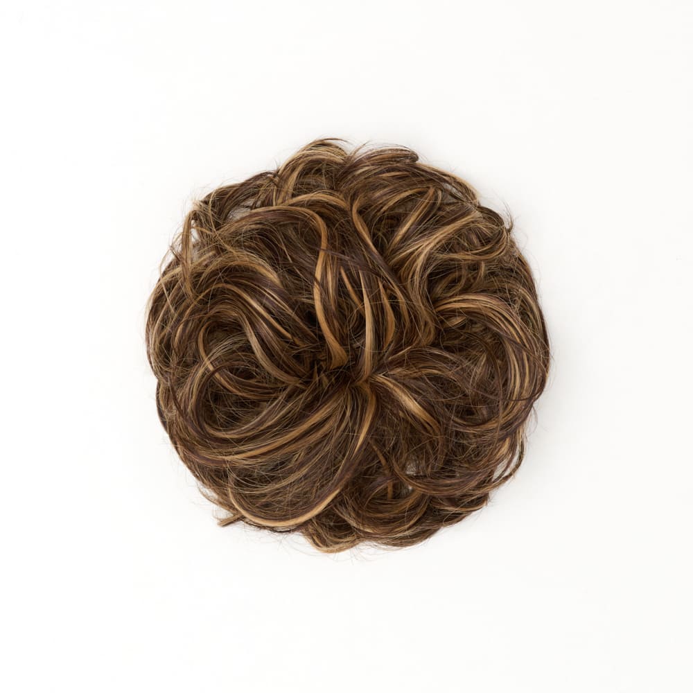 Stranded Curly Messy Bun Extension- Simple hair up scrunchie in colour Mixed Brown and Blonde