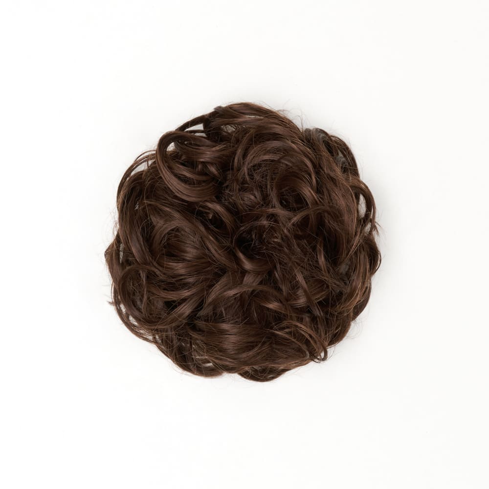 Stranded Curly Messy Bun Extension- Simple hair up scrunchie in colour Medium Brown