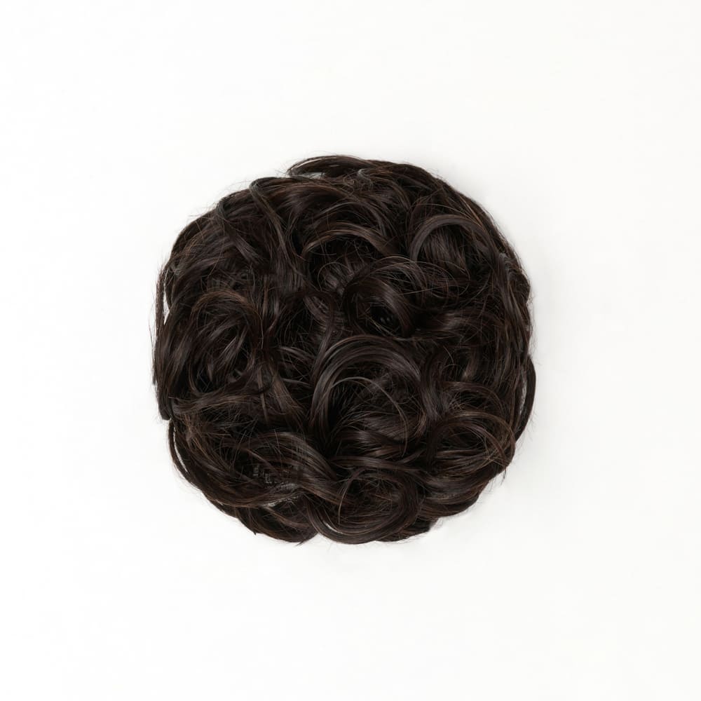 Stranded Curly Messy Bun Extension- Simple hair up scrunchie in colour Dark Brown
