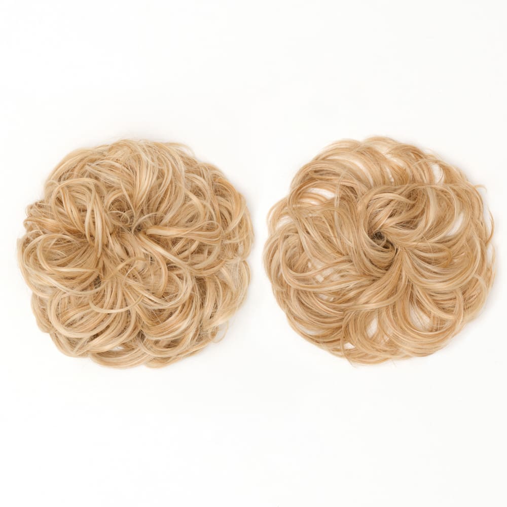 Twin Pack - Curly and Flicky Style Messy Scrunchie Hair Attachment Buns in colour Strawberry Blonde