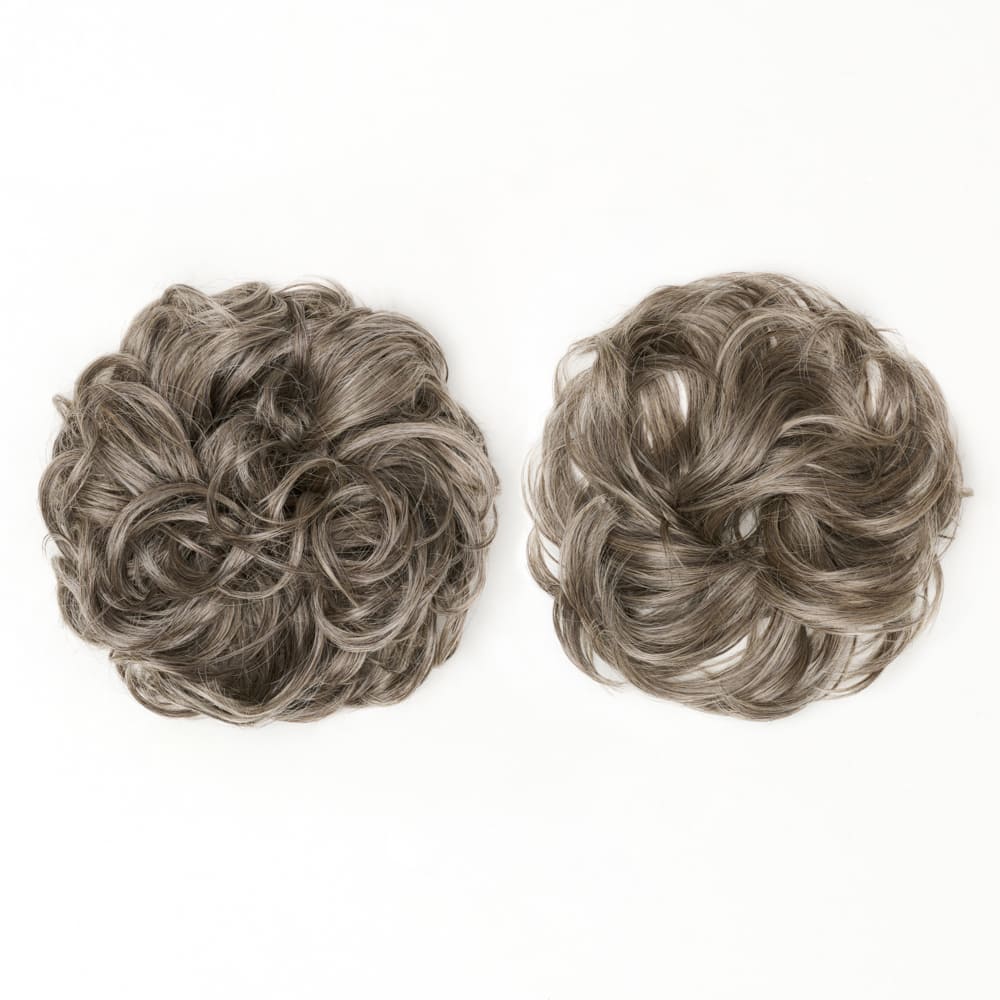 Twin Pack - Curly and Flicky Style Messy Scrunchie Hair Attachment Buns in colour Dark Grey