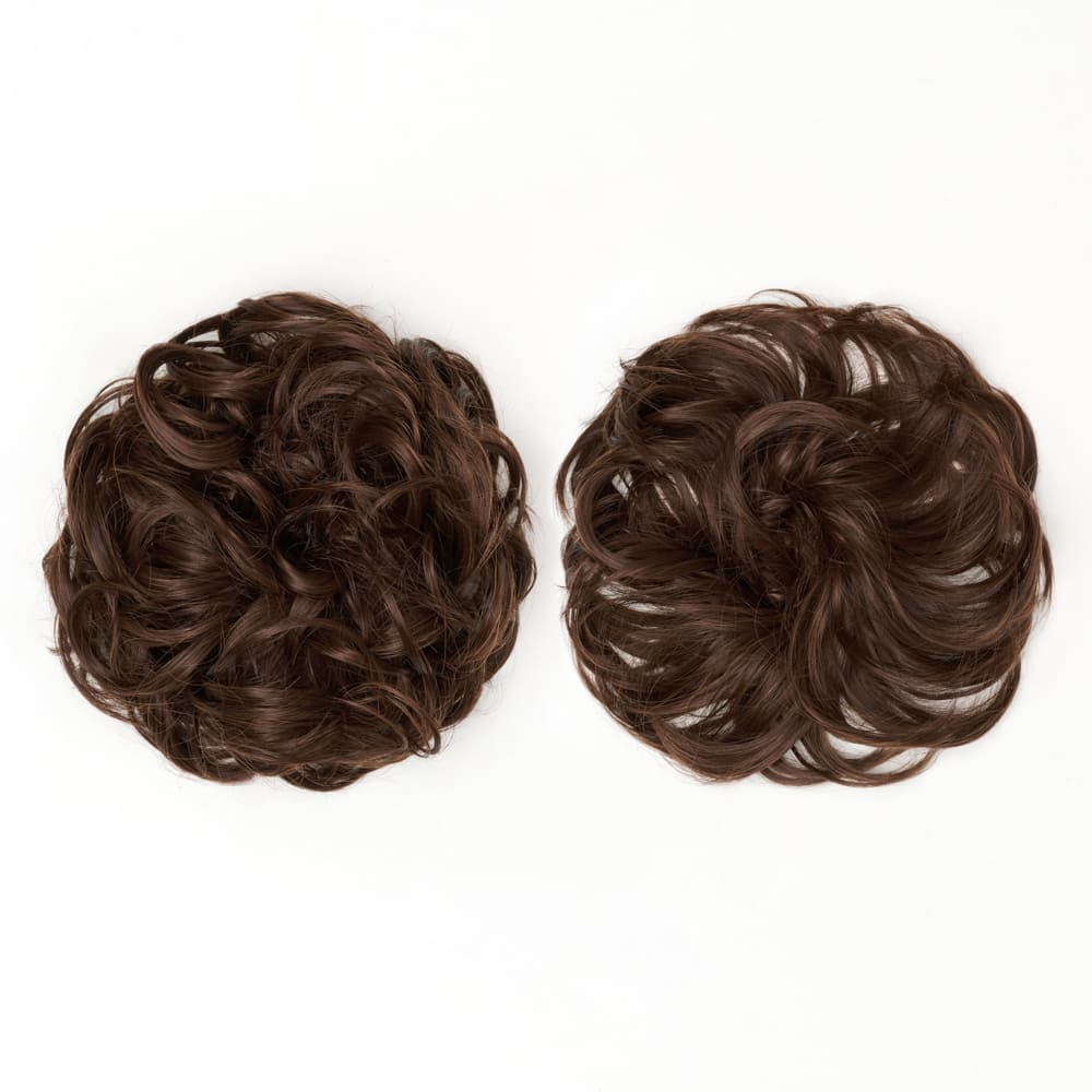 Twin Pack - Curly and Flicky Style Messy Scrunchie Hair Attachment Buns in colour Medium Brown