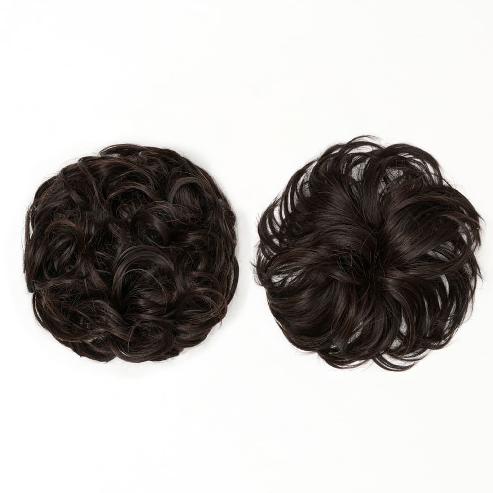 Twin Pack - Curly and Flicky Style Messy Scrunchie Hair Attachment Buns in colour Dark Brown