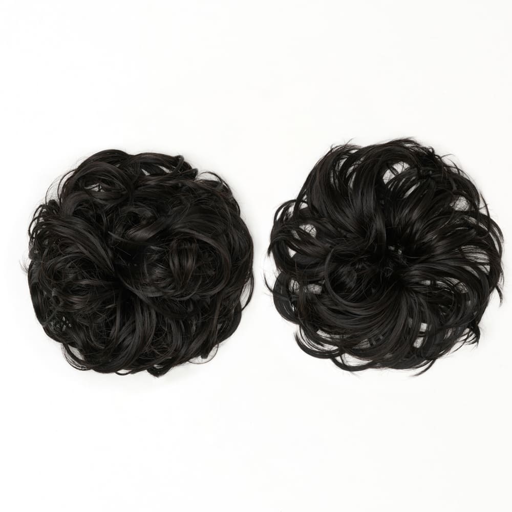 Twin Pack - Curly and Flicky Style Messy Scrunchie Hair Attachment Buns in colour Off Black