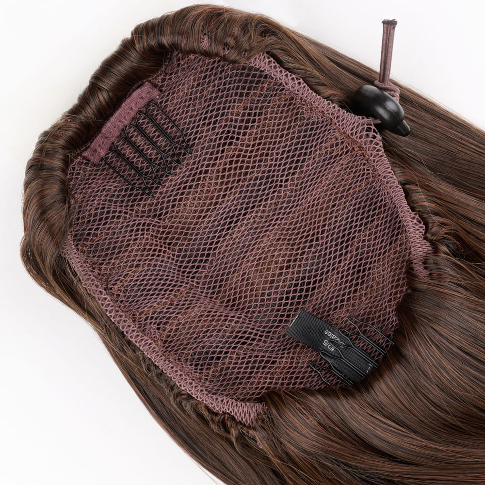 20 Inch Long Straight Ponytail with invisible attachment in a Highlighted Brown Colour