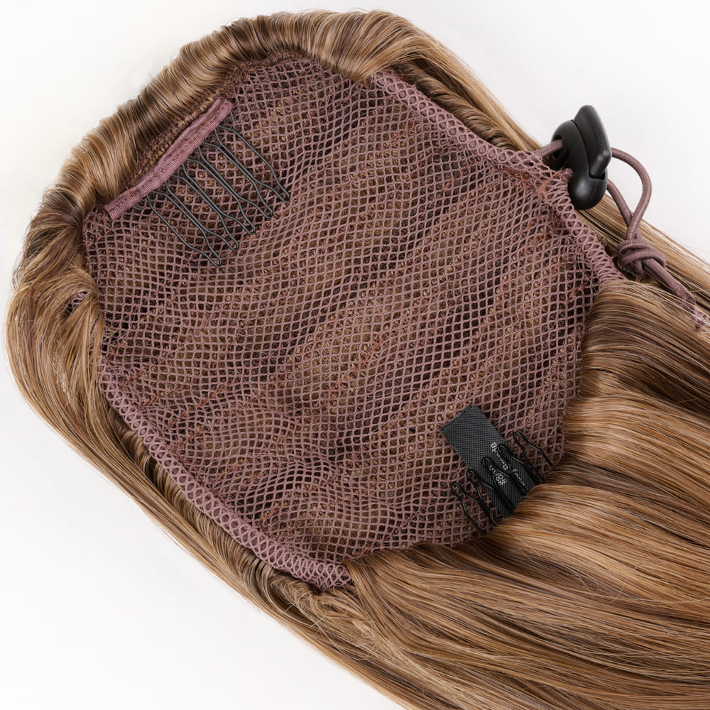 20 Inch Long Straight Ponytail with invisible attachment in a Mixed Brown Colour