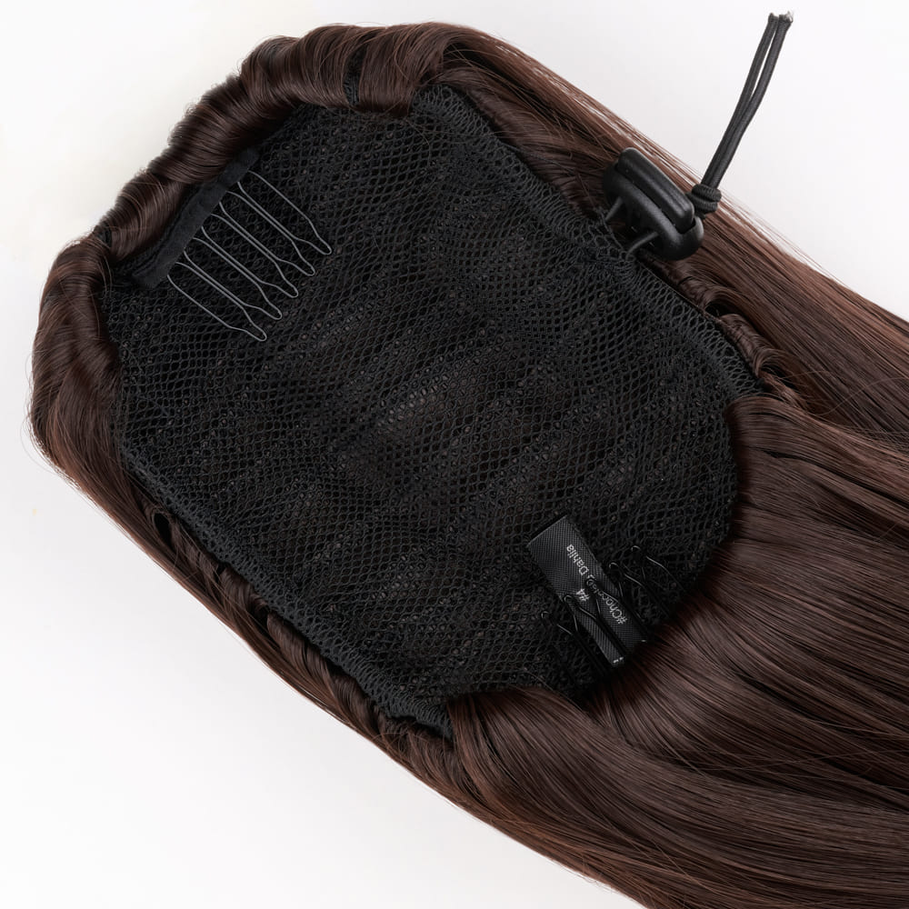 20 Inch Long Straight Ponytail with invisible attachment in a Chocolate Brown Colour