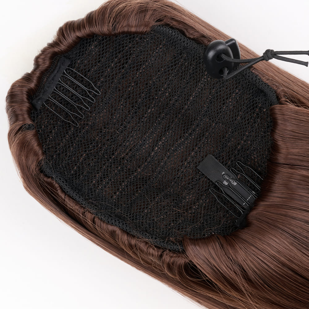20 Inch Long Straight Ponytail with invisible attachment in a Medium Brown Colour