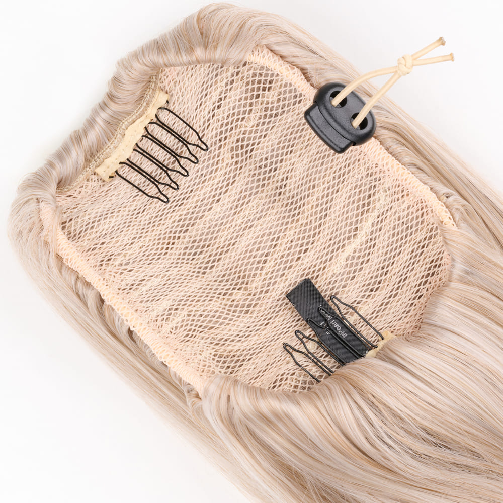 20 Inch Long Straight Ponytail with invisible attachment in an Ash Blonde Colour