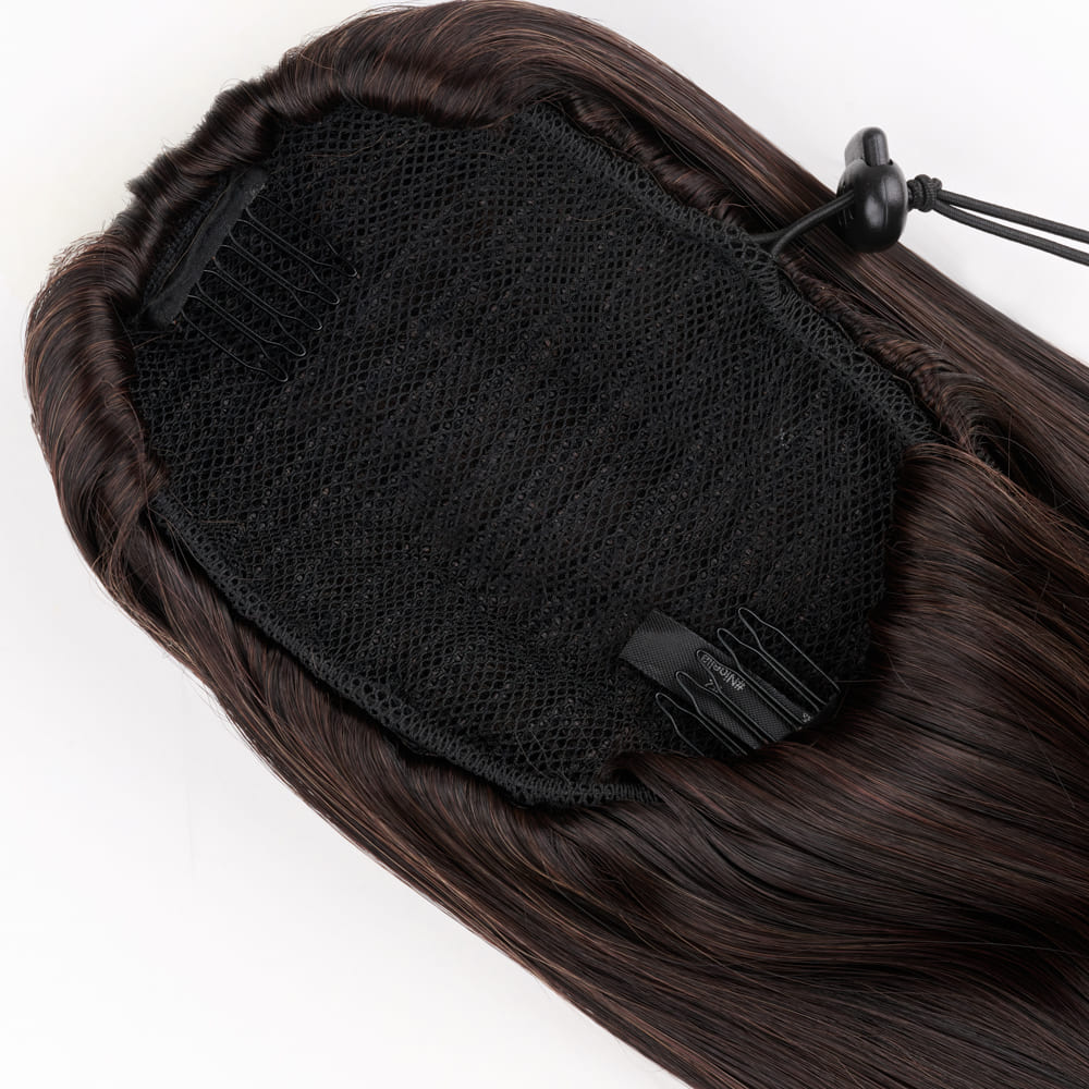 20 Inch Long Straight Ponytail with invisible attachment in an Off Black Colour