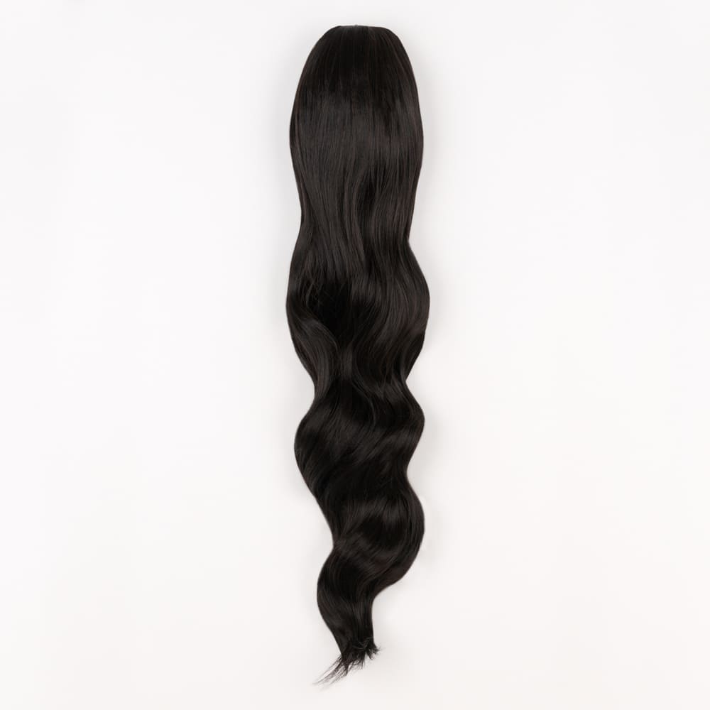 24 Inch Long Clip-in Ponytail Extension on a claw clip attachment in colour Off Black