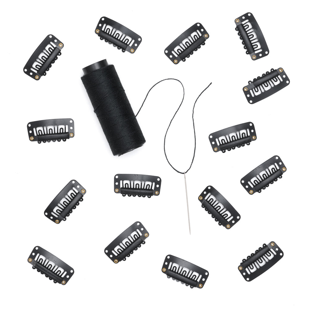 Black Hair Extension Clip Kit. Weave Customisation with 15 extension clips, black weaving thread and weaving needle
