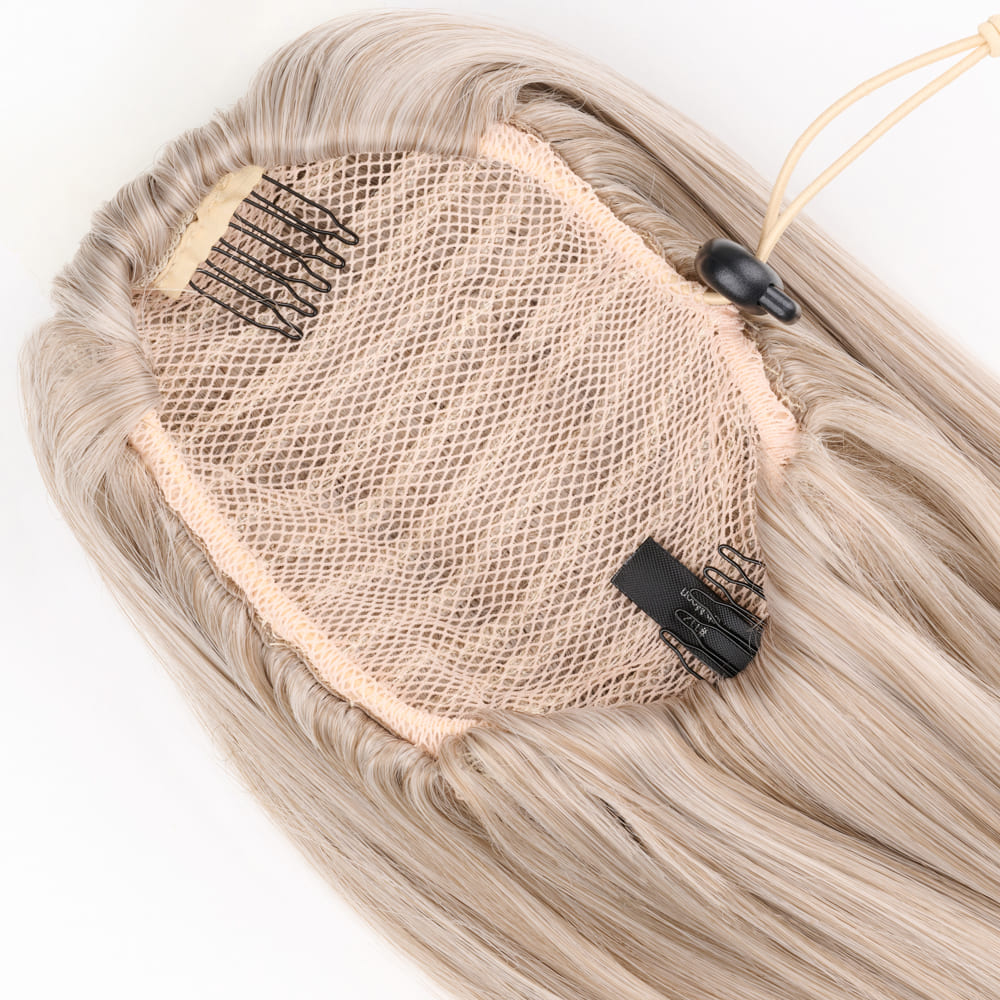 20 Inch Seamlessly Attached Drawstring Ponytail Extension in colour Grey Blonde
