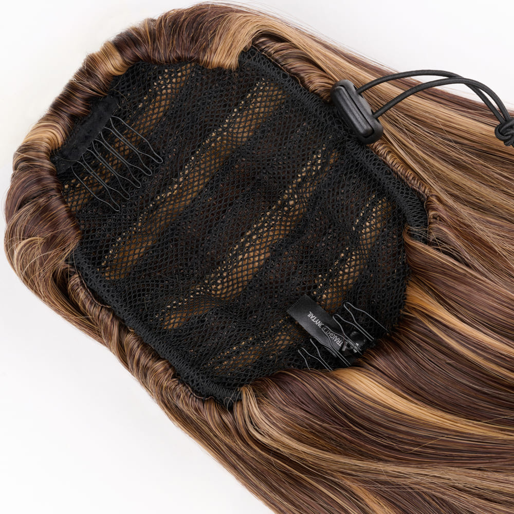 20 Inch Seamlessly Attached Drawstring Ponytail Extension in colour Mixed Brown and Blonde