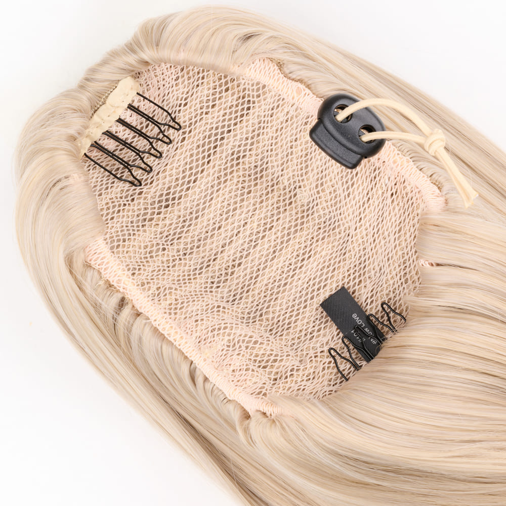 20 Inch Seamlessly Attached Drawstring Ponytail Extension in colour Light Ash Blonde