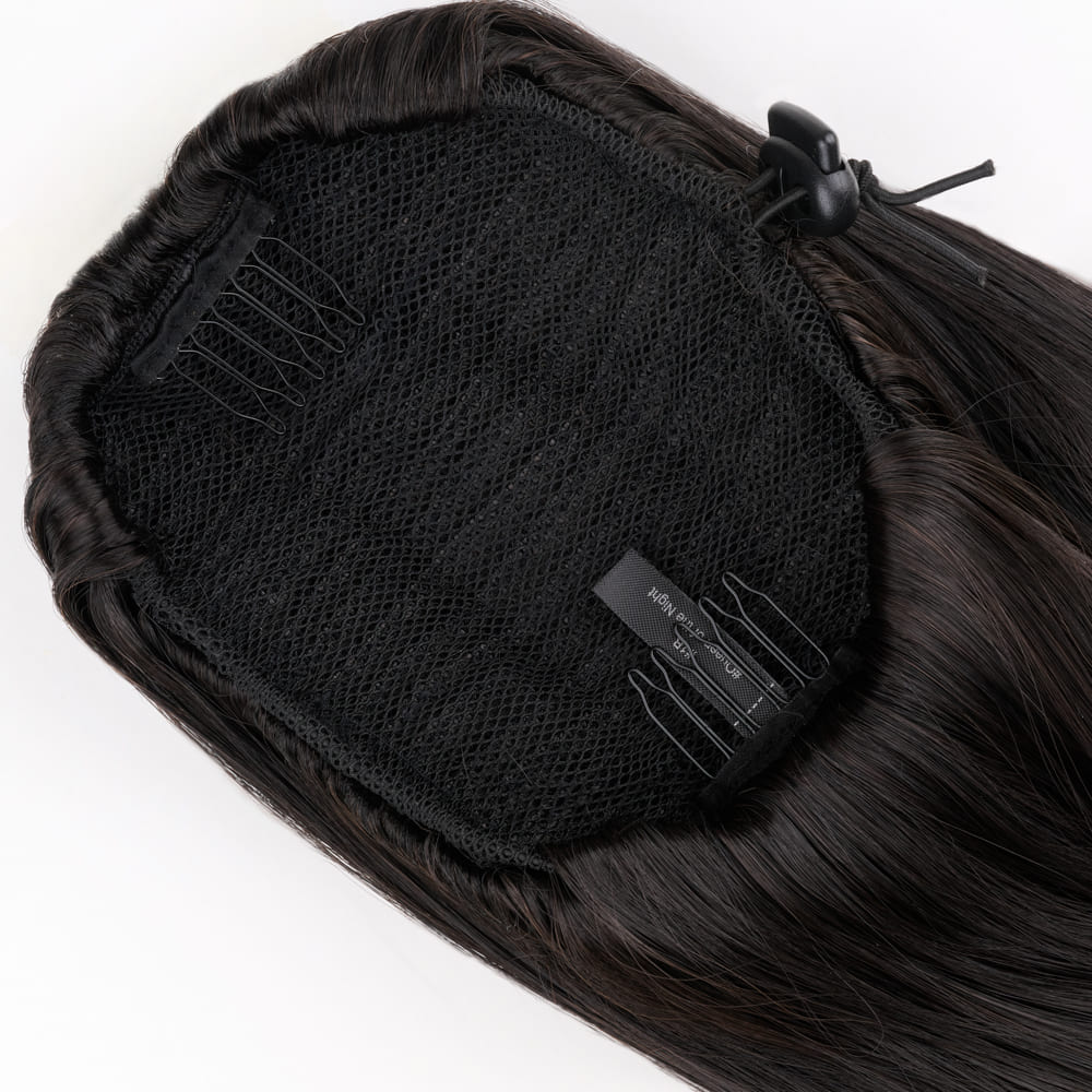 20 Inch Seamlessly Attached Drawstring Ponytail Extension in colour Off Black